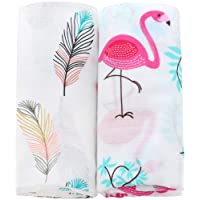Lebze Muselina Manta Bebé | Mantas de Muselina de Bambú Algodón | 120x120 cm Pack de 2&quot-Pluma y Flamenco&quot-